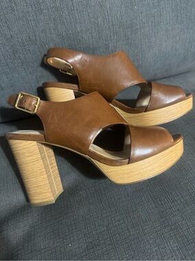 Lauren Ralph Lauren Brown Leather Platform Slingback Sandals